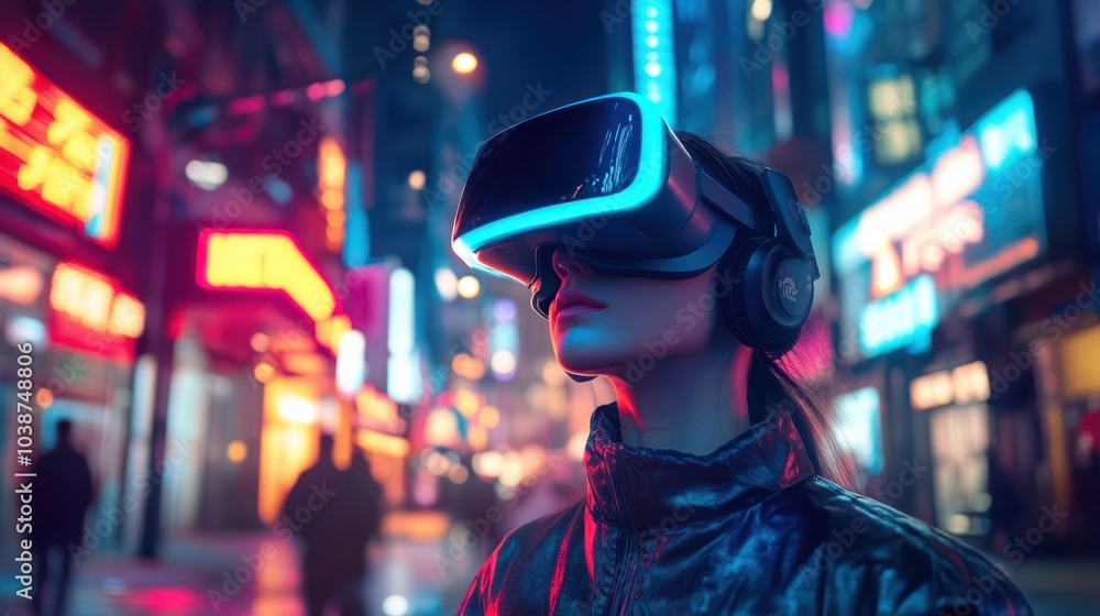 A person wearing a VR headset in a neon-lit urban environment, immersed in technology. A person wearing a VR headset in a neon-lit urban environment, immersed in technology.