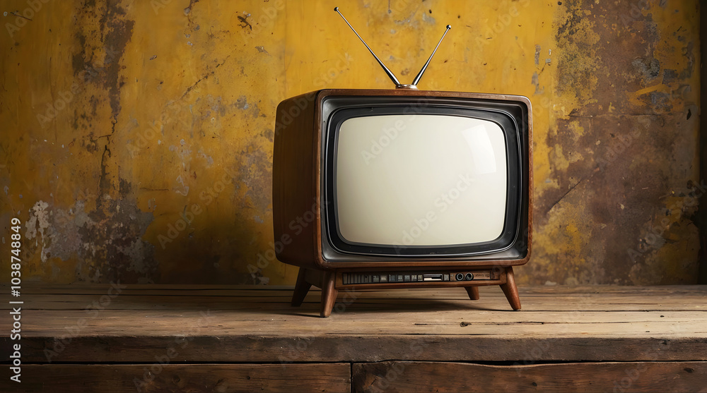 Old vintage tv with antenna on wooden table isolated on yellow background, template with copy space area,