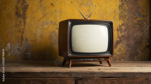 Obraz na płótnie Old vintage tv with antenna on wooden table isolated on yellow background, template with copy space area, w salonie