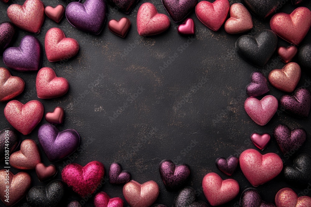 Fototapeta premium Many heart shaped chocolates creating a border on dark background
