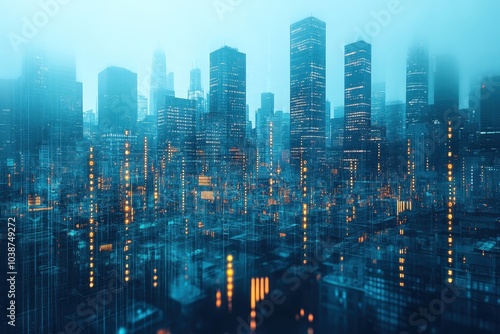 Wallpaper Mural A vibrant city skyline illuminated at night in a misty atmosphere with towering buildings Torontodigital.ca