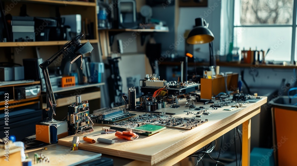 A well-organized DIY electronics workspace, Circuit boards, soldering iron A well-organized DIY electronics workspace, Circuit boards, soldering iron