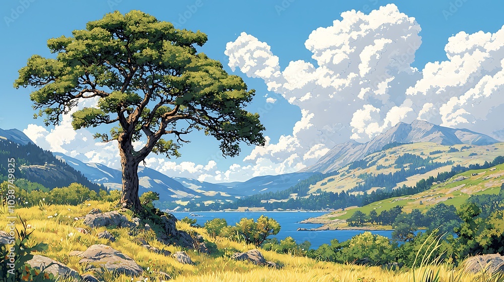 Monochromatic Landscape with Tree and Lake Scene Monochromatic Landscape with Tree and Lake Scene