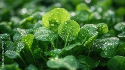 Fresh green leaves glistening with dew in a vibrant greenhouse during early morning light