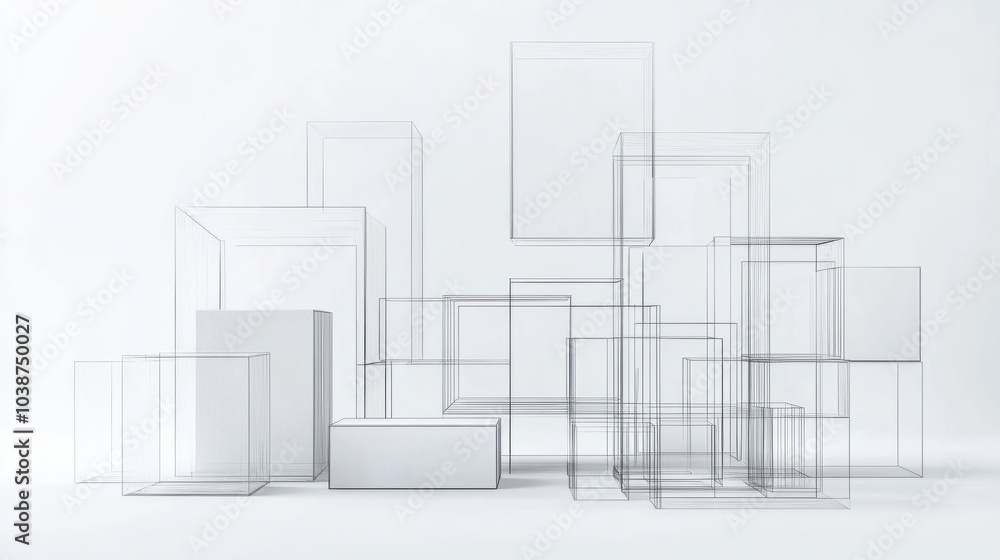 Minimal Architectural Wireframe of Structural Mockup Box Components on White Background Minimal Architectural Wireframe of Structural Mockup Box Components on White Background