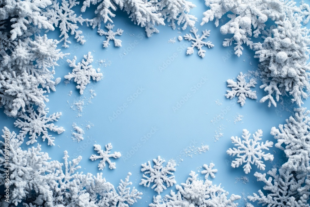 Christmas frame made with white snowflakes creating copy space on blue background Christmas frame made with white snowflakes creating copy space on blue background