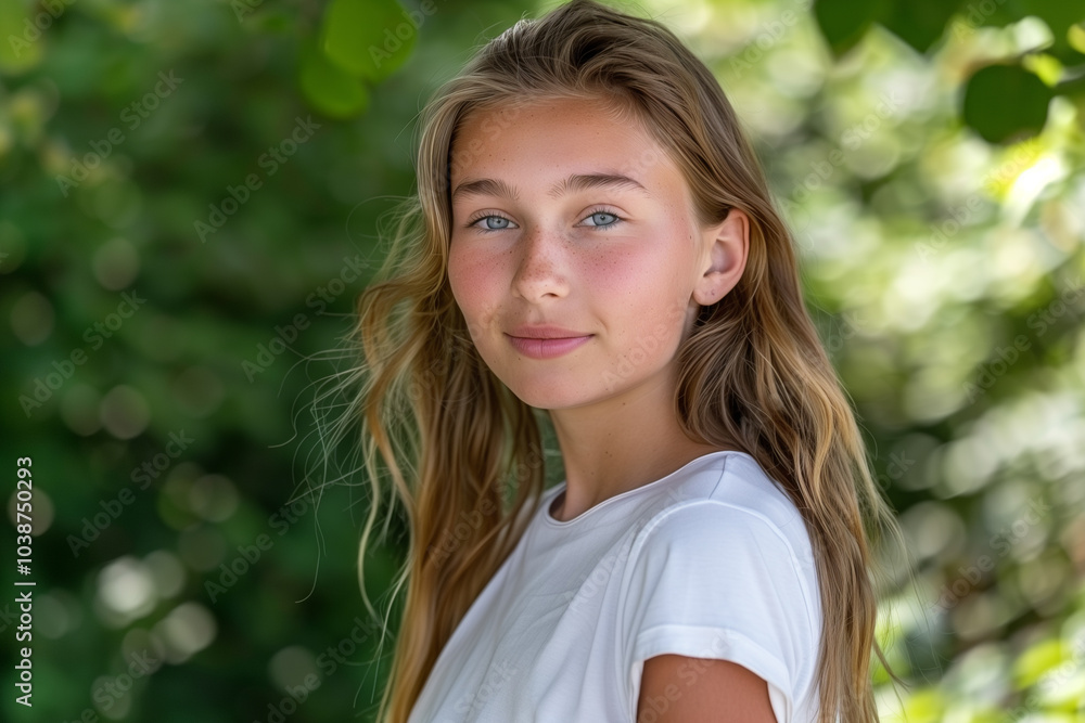 A young woman with long, wavy hair stands outdoors, smiling gently. She has blue eyes and a natural, fresh look, wearing a simple white t-shirt. The background is blurred with green foliage A young woman with long, wavy hair stands outdoors, smiling gently. She has blue eyes and a natural, fresh look, wearing a simple white t-shirt. The background is blurred with green foliage