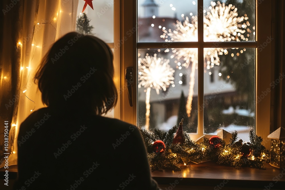 custom made wallpaper toronto digitalSilhouette watching fireworks from a window with festive decor.