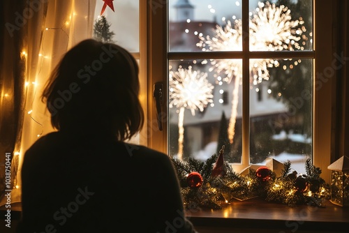 Wallpaper Mural Silhouette watching fireworks from a window with festive decor. Torontodigital.ca