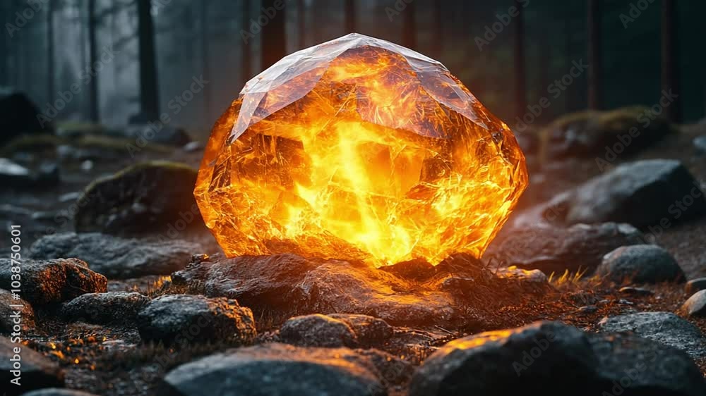 A glowing, fiery crystal sits on rocky ground in a misty forest setting footage A glowing, fiery crystal sits on rocky ground in a misty forest setting footage
