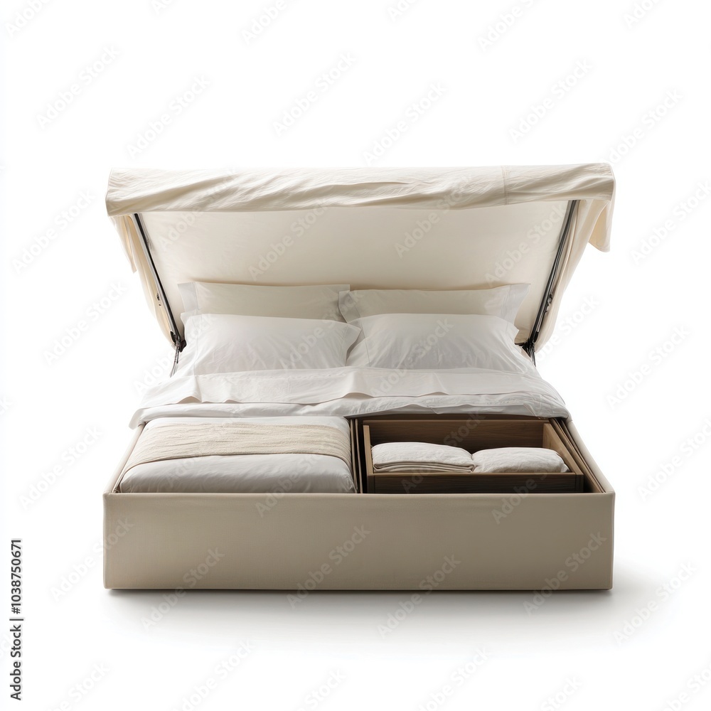 A modern bed with an adjustable top, revealing storage compartments beneath. A modern bed with an adjustable top, revealing storage compartments beneath.
