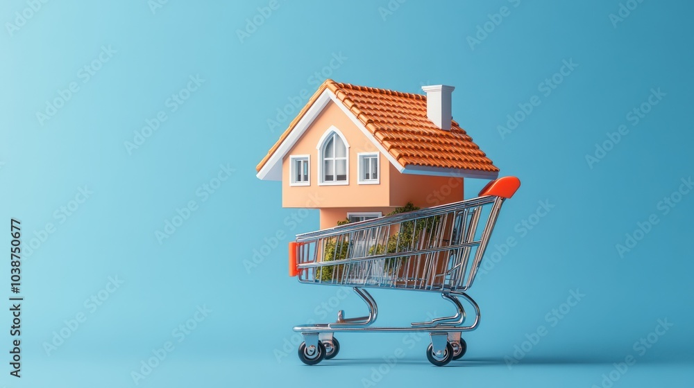 A shopping cart carrying a house symbolizes real estate and consumerism. A shopping cart carrying a house symbolizes real estate and consumerism.