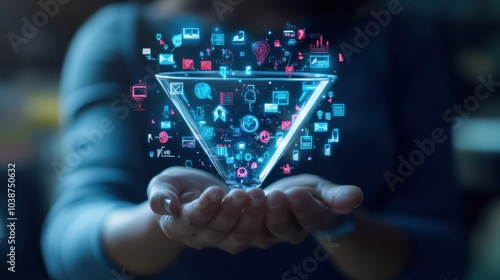 Person holding a digital marketing funnel with icons of digital marketing elements for the Concept of converting sales process prospects into customers. photo