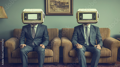 Two suited men with TV heads sitting on a couch. photo