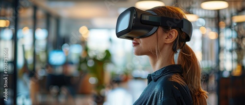 Woman wearing VR headset, exploring virtual reality in a modern office setting.