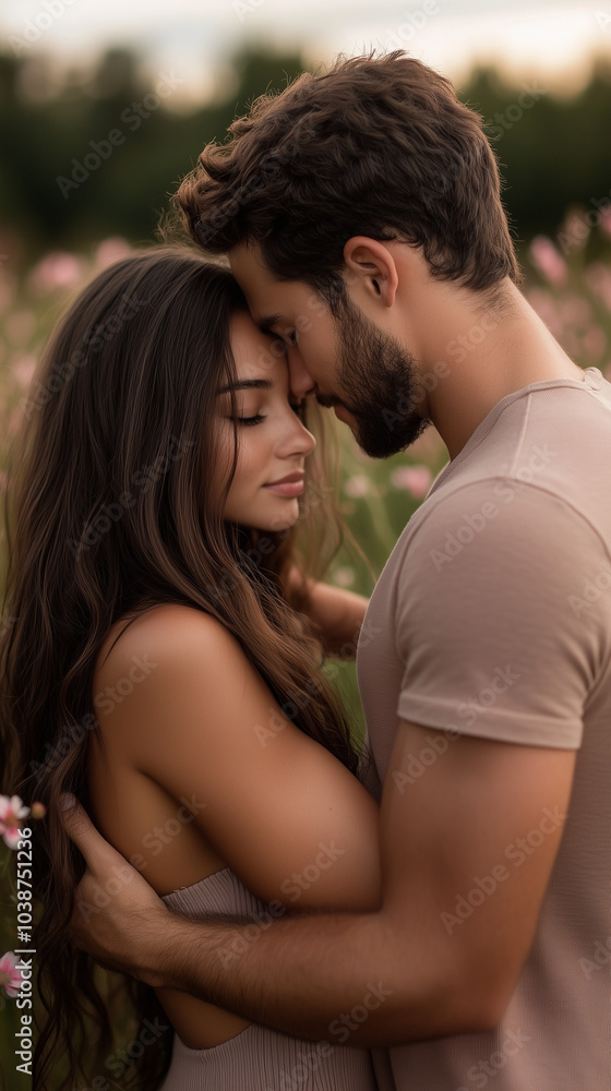 Romantic sunset scene of a couple embracing in nature, expressing love and tenderness, ideal for commercial use in romance, wedding, and lifestyle promotions. Commercial Romantic sunset scene of a couple embracing in nature, expressing love and tenderness, ideal for commercial use in romance, wedding, and lifestyle promotions. Commercial