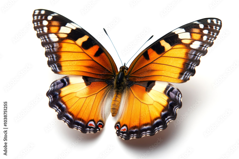 Bright colored butterfly is opening its wings on a white background Bright colored butterfly is opening its wings on a white background