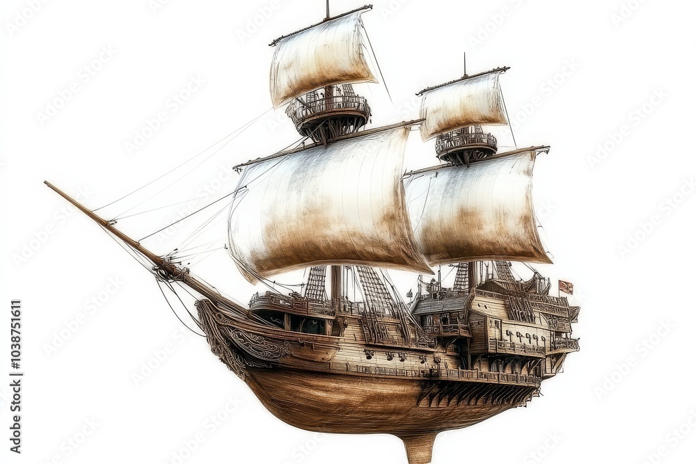 Naklejka premium Fantastical pirate ship sailing through the air with a white background.