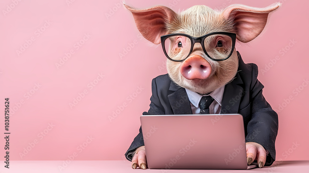 A dressed pig using a laptop at a table.