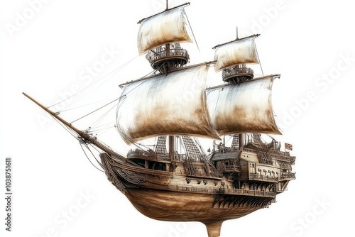 Fantastical pirate ship sailing through the air with a white background.