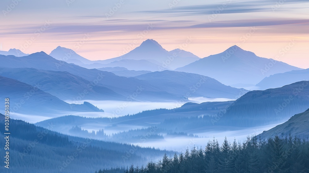 Serene Mountain Landscape at Dawn with Mist Serene Mountain Landscape at Dawn with Mist