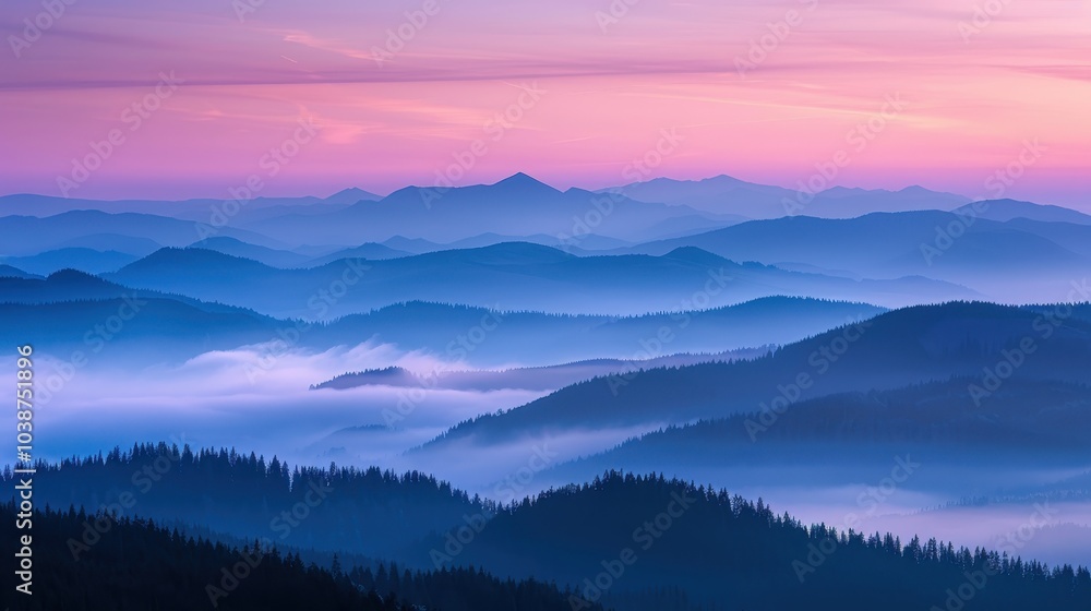 Serene Mountain Landscape at Dawn with Mist Serene Mountain Landscape at Dawn with Mist
