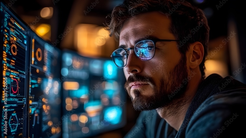 Focused Programmer Working Late Focused Programmer Working Late