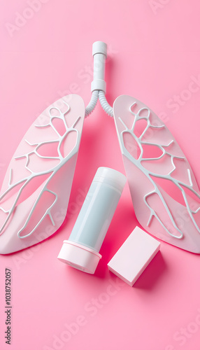 Inhalers and paper lungs on pink background, closeup isolated with white highlights, png photo