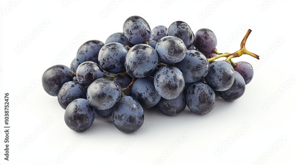 Fototapeta premium A bunch of dark blue grapes with a vine attached, isolated on a white background.