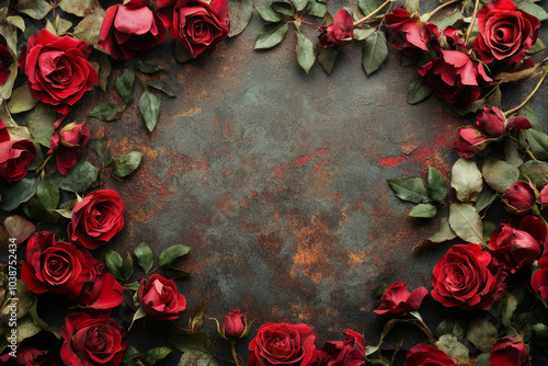 Fototapeta Naklejka Na Ścianę i Meble -  Red roses forming romantic border on dark grunge background
