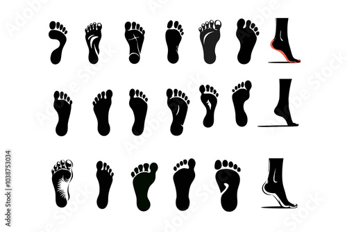 Footprint, silhouette, foot, toes, sole, barefoot, podiatry, orthopedics, stride, gait, walking, stepping, imprint, track, trace, mark, impression, shape, outline, human, anatomy, body part, black, wh