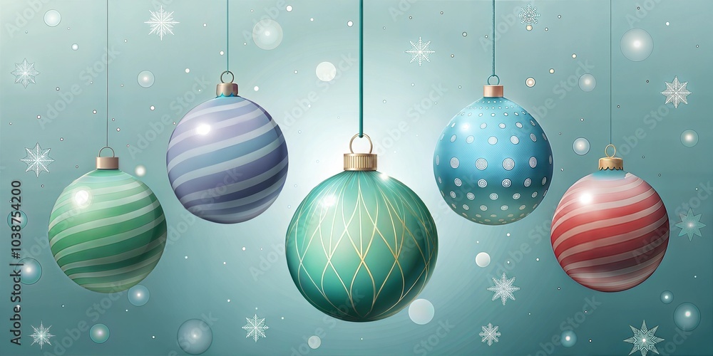 Colorful Christmas Baubles Hanging Against Snowflake Background Colorful Christmas Baubles Hanging Against Snowflake Background
