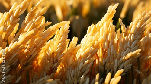 A lusciously ripe cluster of rice ears basking in the golden sunlight, farming V1 photo