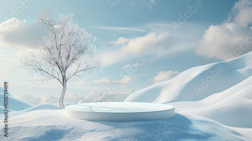 Minimalist 3D Winter Stage with Circular Podium in Surreal Scene