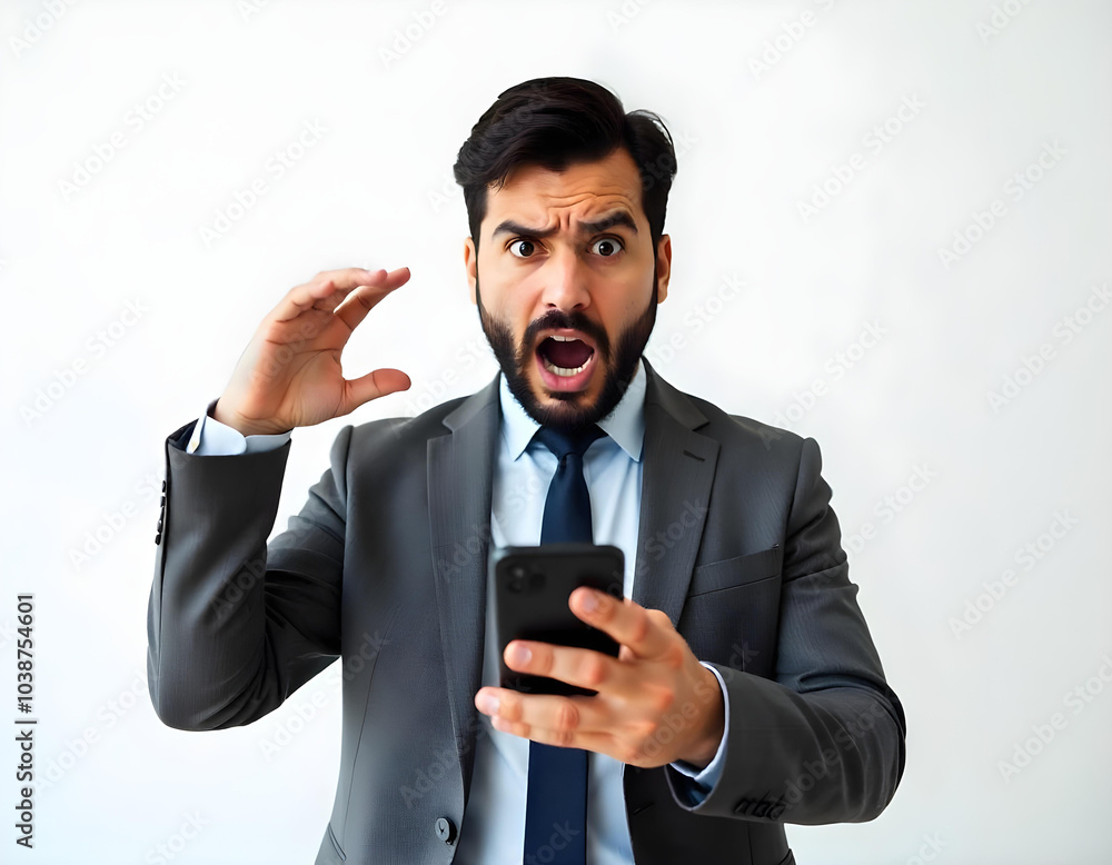 Naklejka premium Businessman with shocked expression holding smart phone and raising hand