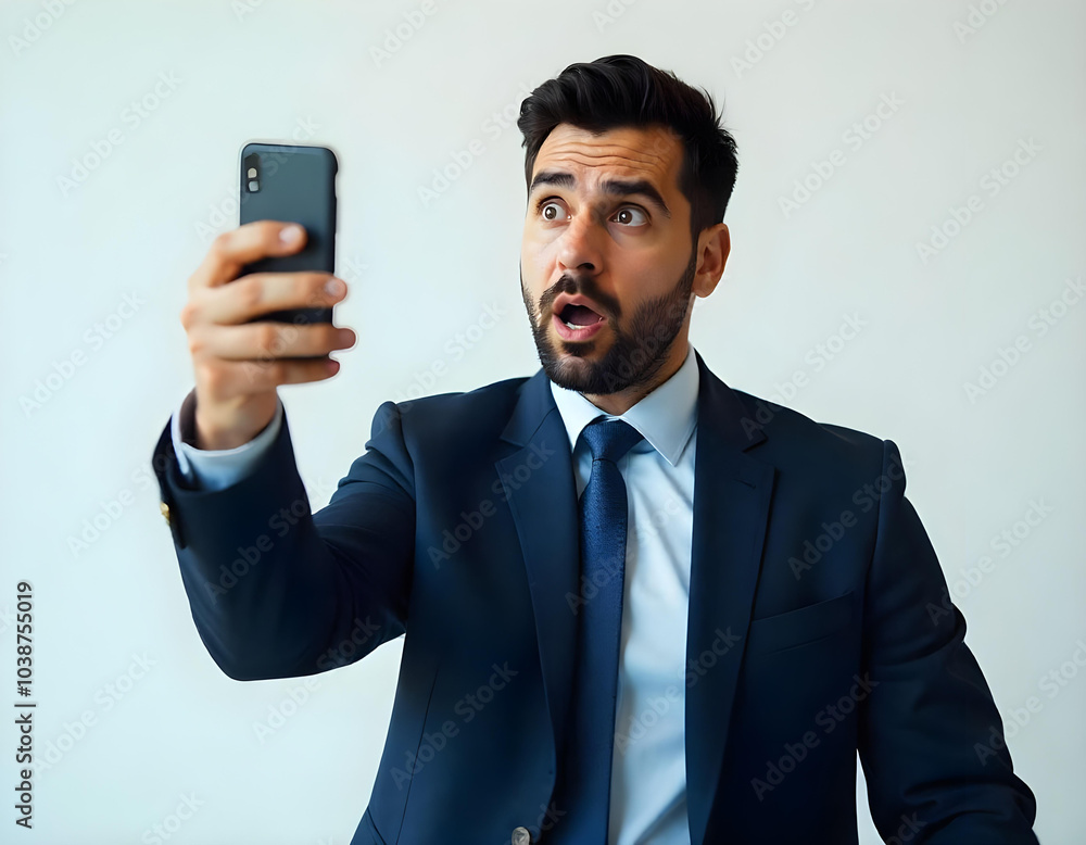 Businessman with shocked expression holding smart phone Businessman with shocked expression holding smart phone