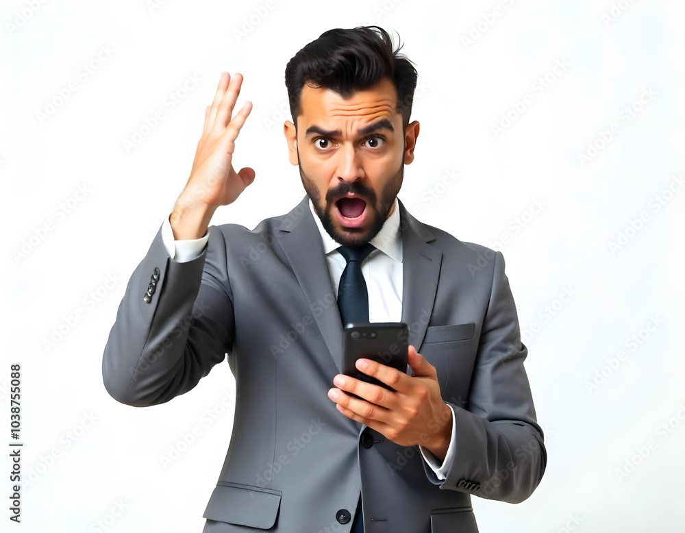 Businessman with shocked expression holding smart phone and raising hand Businessman with shocked expression holding smart phone and raising hand