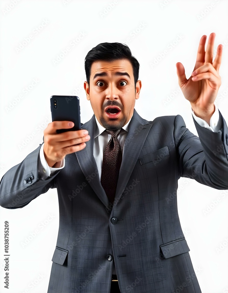 Businessman with shocked expression holding smart phone and raising hand Businessman with shocked expression holding smart phone and raising hand