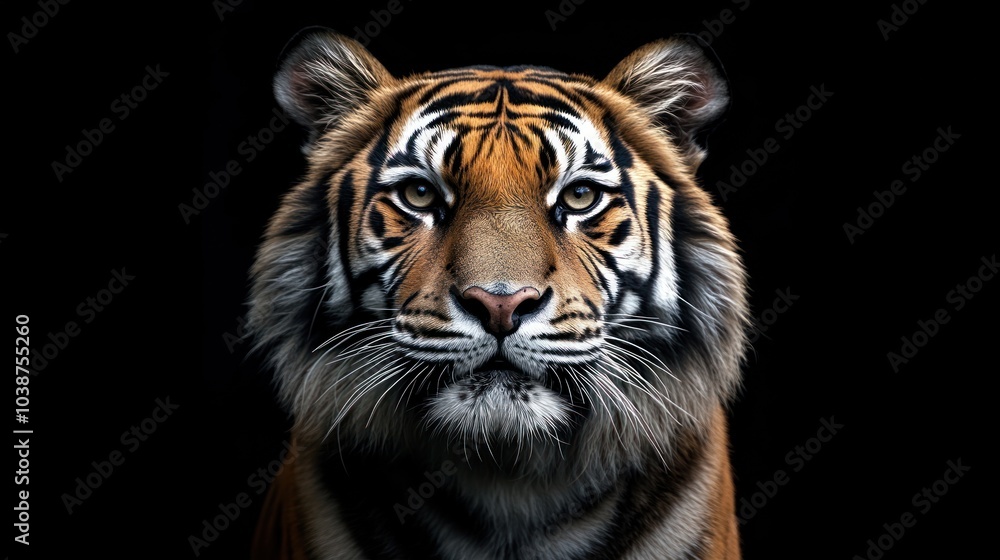 Fototapeta premium A close-up portrait of a tiger, showcasing its striking features and intense gaze.