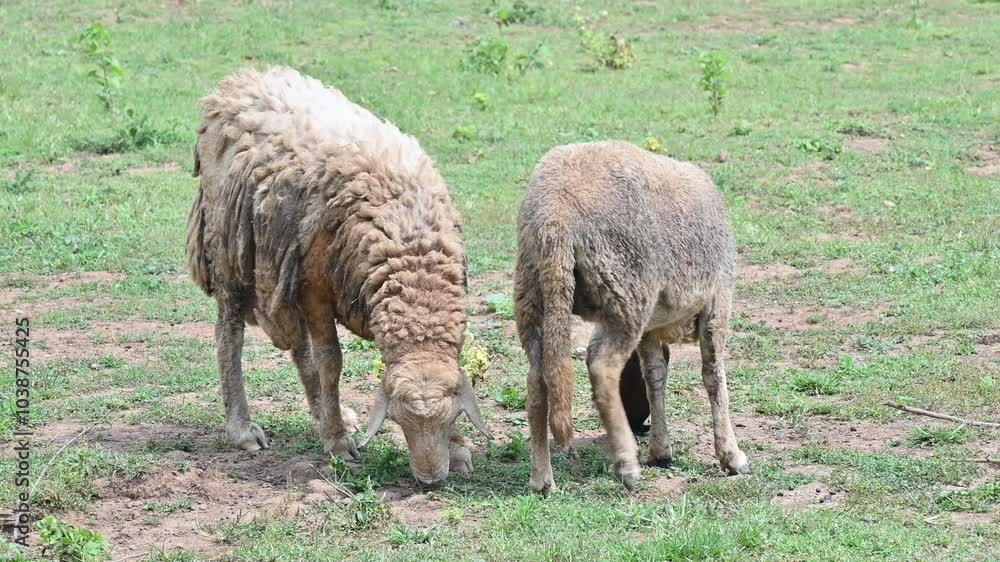 Sheeps with dirty hair eating grass in rural field. Sheep is a farm animal with thick wool that eats grass and is kept for its wool, skin, and meat. Sheeps with dirty hair eating grass in rural field. Sheep is a farm animal with thick wool that eats grass and is kept for its wool, skin, and meat.