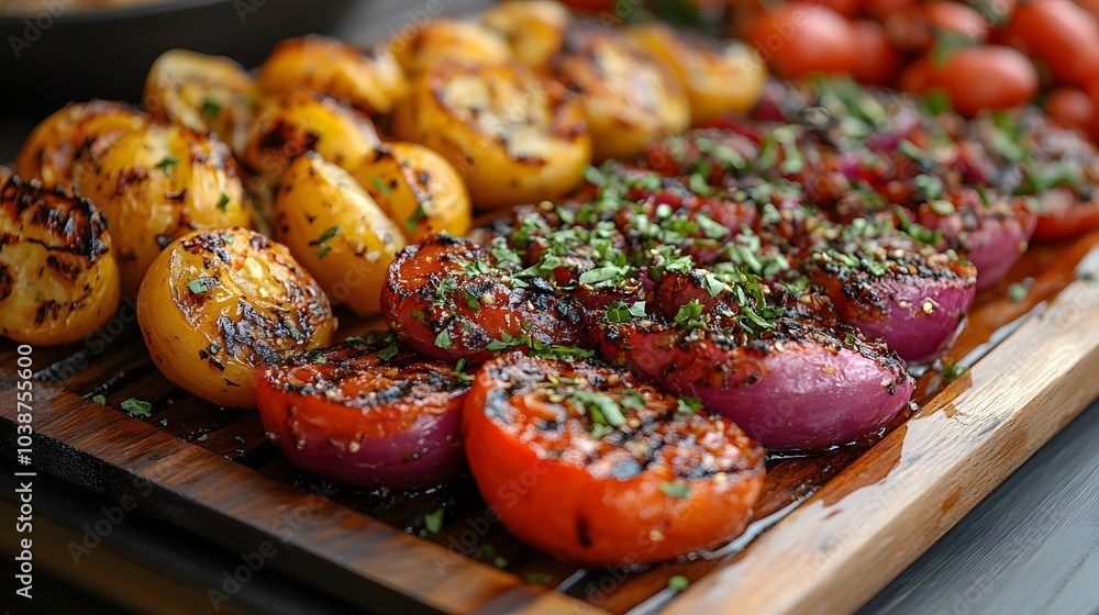 Grilled Vegetables on Wooden Platter Grilled Vegetables on Wooden Platter