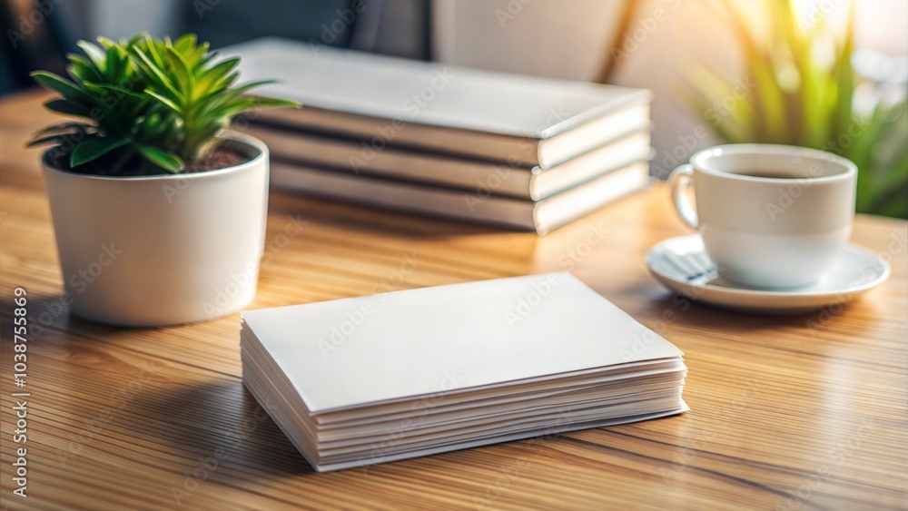 Naklejka premium Stack of Blank Books with Coffee Cup on Wooden Desk