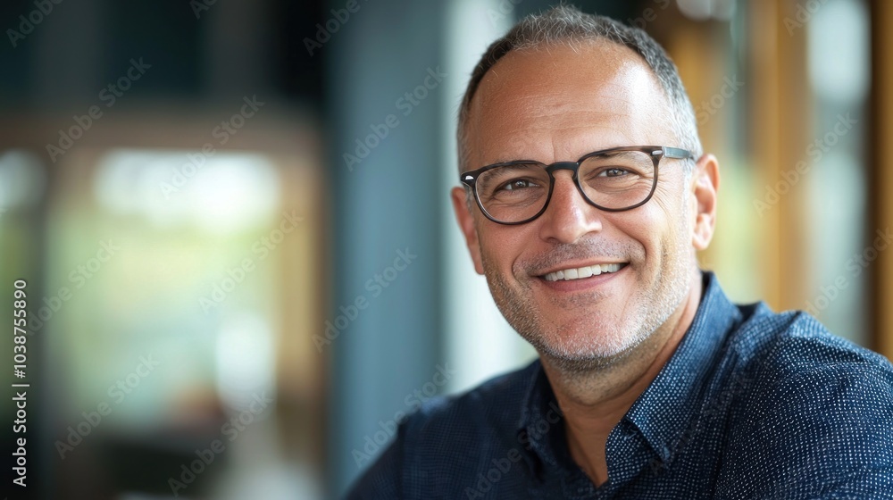 Happy middle aged professional business man, smiling mature executive ceo manager, 45 years old male entrepreneur, confident business owner wearing glasses in office. Headshot portrait 