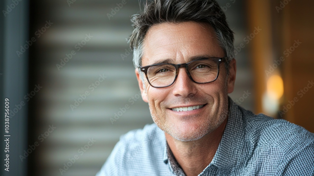 Fototapeta premium Happy middle aged professional business man, smiling mature executive ceo manager, 45 years old male entrepreneur, confident business owner wearing glasses in office. Headshot portrait 