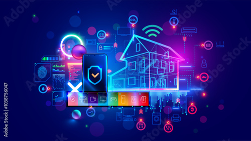 Smart home system design concept. Phone controls Smart home. Smart home development infrastructure house. IOT system engineering. Icons devices in network of building. Internet of things. Blueprint.