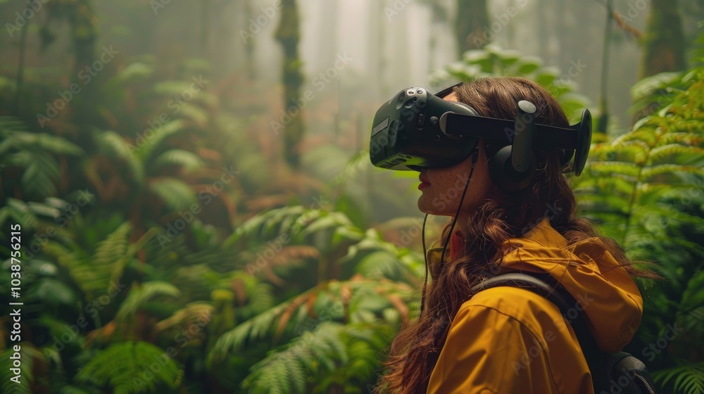 Woman wearing VR headset exploring lush green jungle with fog in the background. Woman wearing VR headset exploring lush green jungle with fog in the background.