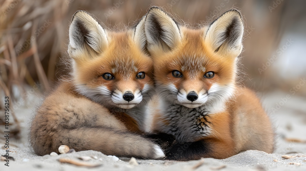 Two Adorable Red Fox Kits Snuggling on a Sand Dune Two Adorable Red Fox Kits Snuggling on a Sand Dune