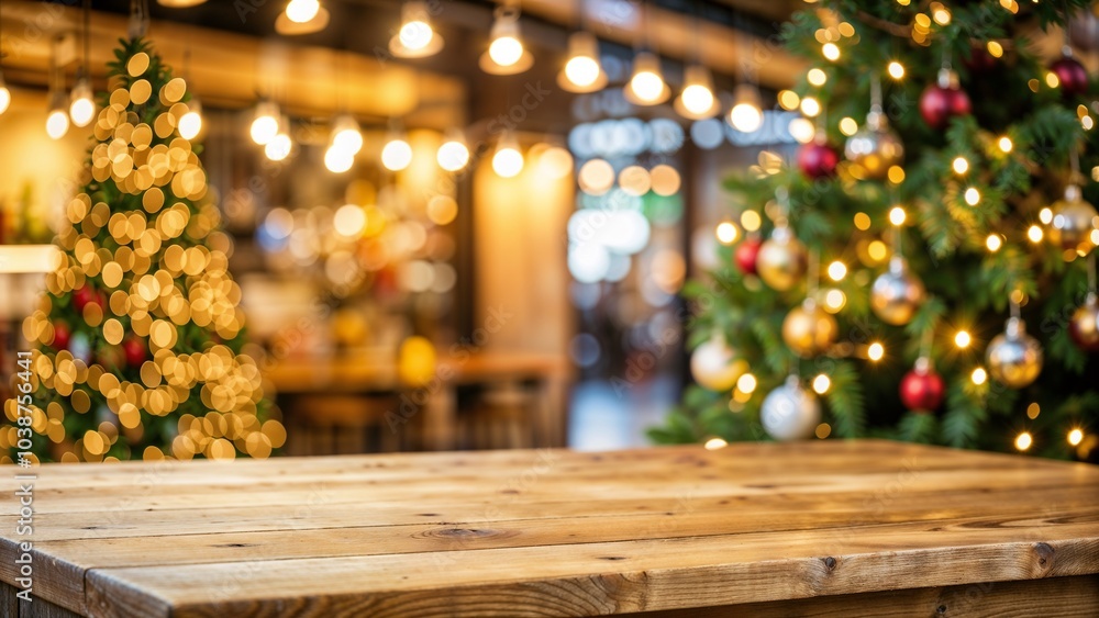 Empty wooden table in cozy coffee shop with Christmas tree and festive bokeh lights for mock up Empty wooden table in cozy coffee shop with Christmas tree and festive bokeh lights for mock up