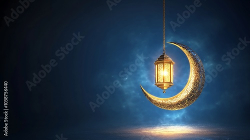 Crescent moon with luminous lantern hanging, ample copy space. Islamic banner illustration.