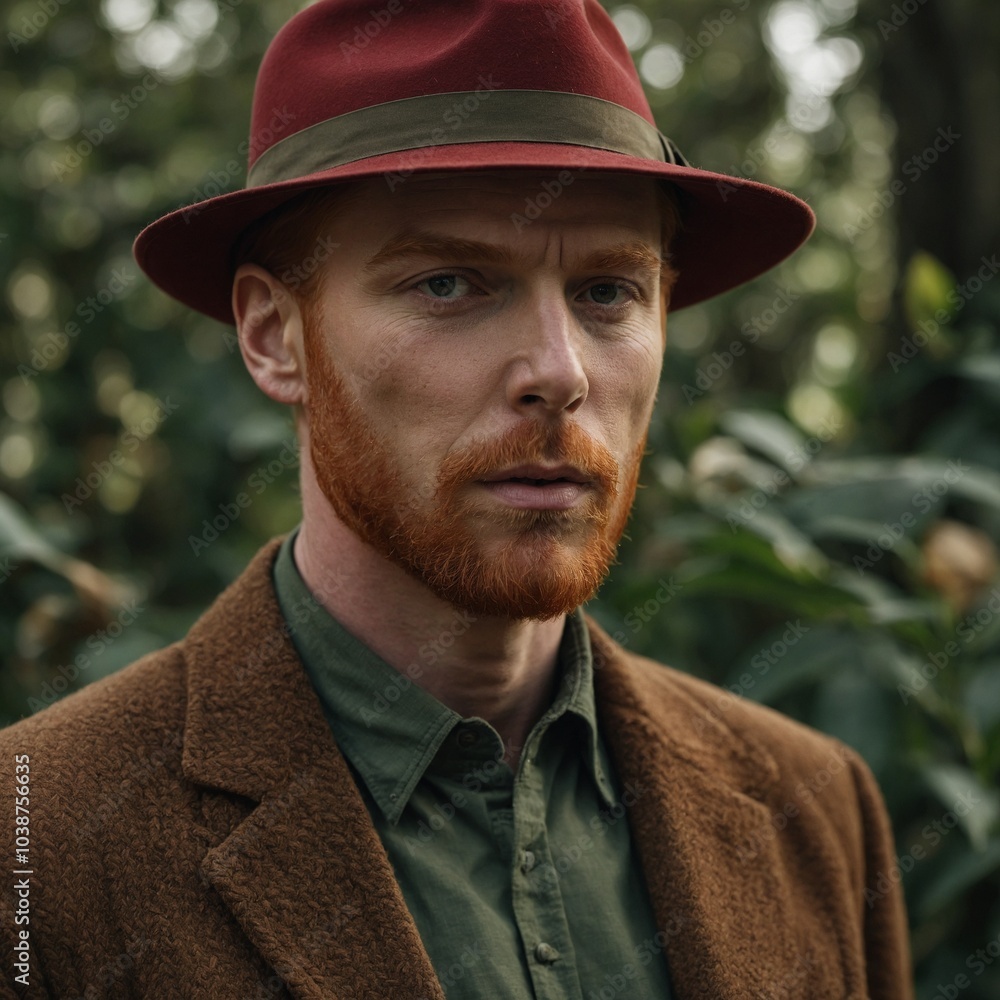 Middle-aged Caucasian man with red hair and beard, wearing red hat and brown coat, standing in forest environment Middle-aged Caucasian man with red hair and beard, wearing red hat and brown coat, standing in forest environment
